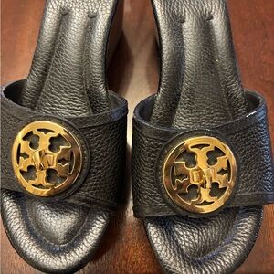 Black Leather Sandals with Gold Logo